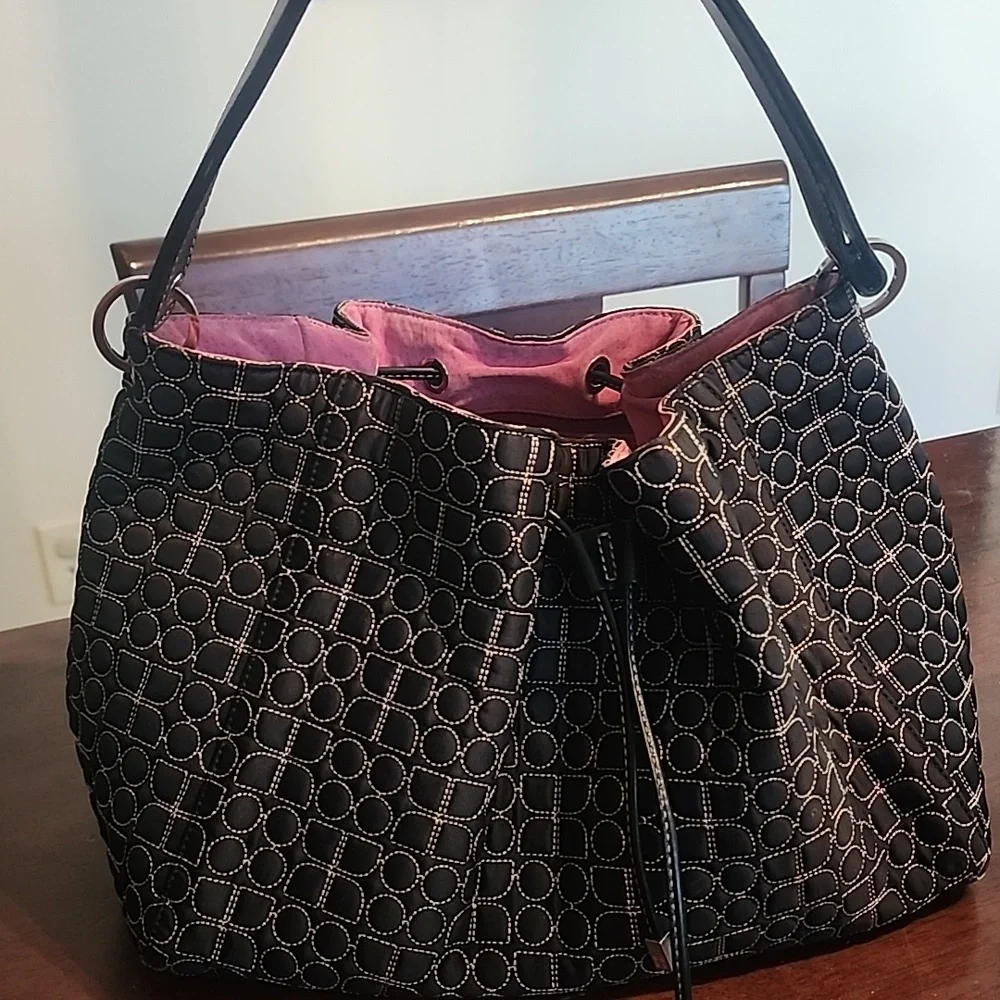 Kate Spade Vintage Quilted Nylon Bucket Hobo Bag Black Drawstring Pink Lining